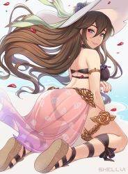 Rule 34 | 1girl, absurdres, armlet, artist name, ass, bad id, bad pixiv id, black bra, black panties, blue eyes, bra, brown hair, commission, flower, granblue fantasy, hat, hat flower, highres, kneeling, looking at viewer, looking back, nail polish, panties, parted lips, petals, pink nails, rosetta (granblue fantasy), rosetta (summer) (granblue fantasy), sandals, see-through, shellvi, simple background, solo, sun hat, thighlet, underwear, white hat