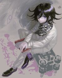 Rule 34 | 1boy, black scarf, brown footwear, checkered clothes, checkered scarf, danganronpa (series), danganronpa v3: killing harmony, flipped hair, from above, grey background, hair between eyes, highres, jacket, long sleeves, male focus, oma kokichi, pink footwear, scarf, shoes, short hair, smile, solo, translation request, visket53