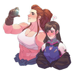 Rule 34 | 2girls, abs, blush, bodysuit, breasts, brigitte (overwatch), brown gloves, brown hair, cleavage, clothes around waist, commentary, d.va (overwatch), denimcatfish, english commentary, facial mark, gloves, height difference, large breasts, light brown hair, lips, long hair, looking at another, medium breasts, midriff, multicolored bodysuit, multicolored clothes, multiple girls, muscular, muscular female, nose, nose blush, off-shoulder jacket, off shoulder, overwatch, overwatch 1, ponytail, shoulder pads, sidelocks, spoken blush, sports bra, sweat, thick eyebrows, watermark, whisker markings, white sports bra, yuri