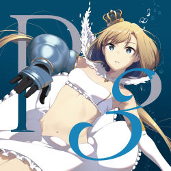 Rule 34 | 1girl, air bubble, album cover, armor, bare shoulders, blonde hair, blue background, blue eyes, bra, breasts, bubble, cleavage, commentary request, cover, crown, eight tohyama, elbow gloves, frills, gauntlets, gloves, highres, long hair, looking at viewer, medium breasts, mini crown, navel, parted lips, pauldrons, phant (taishi), shoulder armor, single gauntlet, single pauldron, skirt, solo, strapless, tube top, underwater, underwear, very long hair, white bra, white gloves, white skirt