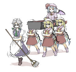 Rule 34 | 6+girls, ascot, blonde hair, blue dress, blue hair, boots, broom, closed mouth, coffin, dancing, dancing pallbearers (meme), dress, flandre scarlet, frills, full body, hair between eyes, hat, highres, holding, holding broom, izayoi sakuya, long skirt, maid, maid headdress, meme, mob cap, multiple girls, multiple persona, open mouth, parody, peroponesosu., pink dress, puffy short sleeves, puffy sleeves, red eyes, red skirt, red vest, remilia scarlet, short hair, short sleeves, side ponytail, silver hair, simple background, skirt, smile, sunglasses, sweatdrop, touhou, vest, white background, wings, yellow ascot