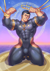 Rule 34 | 1boy, bara, black hair, bodysuit, bound, bound wrists, bulge, clothing cutout, facial hair, fire, flaming halo, halo, jiajiuli, large pectorals, looking at viewer, male focus, manly, muscular, pectorals, pelvic curtain, skin tight, solo, stubble, thick thighs, thigh cutout, thighs, tokyo houkago summoners, torn bodysuit, torn clothes, upper body, yellow eyes, zabaniyya (housamo)