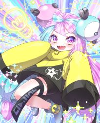 Rule 34 | 1girl, aije, bow-shaped hair, character hair ornament, creatures (company), game freak, grey pantyhose, hair ornament, hexagon print, highres, iono (pokemon), jacket, long hair, low-tied long hair, multicolored hair, nintendo, oversized clothes, pantyhose, pokemon, pokemon sv, sharp teeth, single leg pantyhose, sleeves past fingers, sleeves past wrists, split-color hair, star (symbol), star in eye, symbol in eye, teeth, very long sleeves, x, yellow jacket