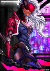 Rule 34 | 1girl, alternate costume, cropped jacket, cyborg, dual wielding, highres, holding, katarina (league of legends), league of legends, lips, long hair, nate lemire, project: katarina, silver hair, solo, sword, visor, weapon