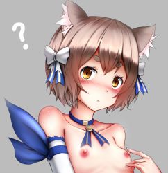 Rule 34 | 10s, 1boy, :&lt;, ?, animal ears, blush, bob cut, bow, breasts, brown hair, cat boy, cat ears, choker, closed mouth, collarbone, detached sleeves, embarrassed, eyebrows, eyelashes, felix argyle, fingernails, ginhaha, gloves, grey background, hair bow, hair ribbon, light brown hair, looking at viewer, male focus, nipples, puffy chest, re:zero kara hajimeru isekai seikatsu, ribbon, short eyebrows, short hair, simple background, small breasts, solo, topless male, trap, upper body, white bow