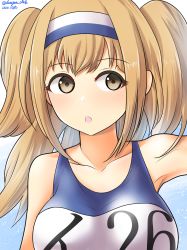 Rule 34 | 1girl, absurdres, bad id, bad pixiv id, blue background, breasts, brown eyes, collarbone, dangan kurabu, dated, gradient background, hair between eyes, hairband, highres, i-26 (kancolle), kantai collection, large breasts, light brown hair, long hair, name tag, new school swimsuit, one-piece swimsuit, open mouth, school swimsuit, solo, swimsuit, twitter username, two-tone hairband, two side up, upper body, white background