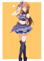 Rule 34 | 1girl, absurdres, ahoge, arm behind back, bare shoulders, black footwear, blue eyes, blush, boots, border, breasts, brown hair, crop top, cropped shirt, crossed legs, dot nose, flower, hair flower, hair ornament, hand up, highres, idolmaster, idolmaster million live!, idolmaster million live! theater days, knee boots, large breasts, layered skirt, long hair, looking at viewer, midriff, miniskirt, multiple bracelets, navel, necktie, one eye closed, open mouth, outside border, purple armband, purple flower, purple footwear, purple necktie, purple shirt, purple skirt, shirt, simple background, skirt, sleeveless, sleeveless shirt, smile, soeji, solo, standing, star (symbol), swept bangs, tiptoes, tokoro megumi, w, white border, yellow background