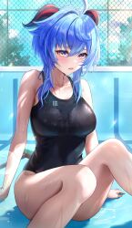 Rule 34 | 1girl, alternate costume, alternate hairstyle, arm support, bare shoulders, black one-piece swimsuit, blue hair, blue sky, blush, breasts, chain-link fence, cloud, collarbone, competition swimsuit, day, empty pool, fence, ganyu (genshin impact), genshin impact, goat horns, hair between eyes, highres, horns, knees up, large breasts, looking at viewer, mop, one-piece swimsuit, open mouth, otabaaa, outdoors, pool, purple eyes, short hair with long locks, sidelocks, sky, solo, sparkle, swimsuit, tree, water, wet, yellow eyes
