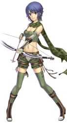 1girl arrow_(projectile) artist_request belt belt_pouch blue_eyes blue_hair boots bow_(weapon) bra_strap breasts brown_belt brown_footwear camouflage camouflage_scarf camouflage_shorts cleavage drawing_bow earrings fingerless_gloves full_body gloves green_gloves green_scarf green_shorts green_thighhighs green_tube_top grin holding holding_arrow holding_bow_(weapon) holding_weapon hoop_earrings jewelry large_variant_set looking_at_viewer medium_breasts official_art pouch ragnarok:_guild_masters ragnarok_online ranger_(ragnarok_online) scarf short_hair shorts smile solo standing strapless thighhighs tube_top v-shaped_eyebrows variant_set weapon