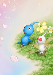 Rule 34 | black eyes, blue pikmin, blue skin, colored skin, commentary request, falling petals, flower, hanami, highres, looking ahead, moss, nintendo, no humans, nunu-moimoi, outdoors, outstretched arm, petals, pikmin (creature), pikmin (series), pikmin 4, red eyes, shadow, shore, sitting, solid circle eyes, triangle mouth, twitter username, white flower, white pikmin, white skin, yellow flower