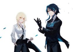 Rule 34 | 1boy, 1girl, black gloves, black hair, blonde hair, closed mouth, collared shirt, diamond (shape), eyeshadow, facial mark, forehead mark, formal, genshin impact, glove pull, gloves, green hair, hand on own thigh, highres, jacket, unworn jacket, long sleeves, looking at viewer, lumine (genshin impact), makeup, multicolored hair, n.s.egg, necktie, open mouth, parted bangs, red eyeshadow, shirt, short hair with long locks, simple background, suit, two-tone hair, white background, xiao (genshin impact), yellow eyes