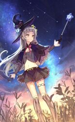 Rule 34 | 1girl, arm at side, black capelet, black gloves, black hat, black skirt, blunt bangs, bow, bowtie, capelet, commentary request, cropped shirt, flat chest, gloves, grey hair, grey shirt, grey thighhighs, groin, hair bun, hat, highres, holding, holding wand, hololive, long hair, long sleeves, lowleg, lowleg skirt, meteor shower, midriff, milky way, miniskirt, murasaki shion, murasaki shion (1st costume), navel, night, night sky, over-kneehighs, parted lips, petite, pink bow, pink bowtie, pinstripe pattern, pinstripe shirt, purple capelet, shirt, shooting star, sidelocks, single side bun, skirt, sky, solo, star (sky), striped clothes, striped shirt, striped thighhighs, thighhighs, thighlet, tilted headwear, triangle mouth, v-shaped eyebrows, vertical-striped clothes, vertical-striped shirt, vertical-striped thighhighs, virtual youtuber, wand, witch hat, xyunx, yellow eyes