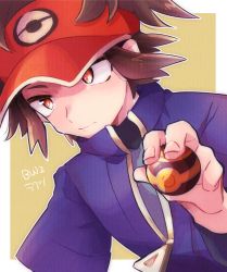 Rule 34 | 1boy, bodysuit, border, brown hair, closed mouth, commentary request, creatures (company), fingernails, game freak, hand up, hat, highres, holding, holding poke ball, jacket, luxury ball, male focus, misha (ohds101), nate (pokemon), nintendo, outline, outside border, poke ball, poke ball print, pokemon, pokemon bw2, purple jacket, red hat, short hair, solo, visor cap, white border, zipper pull tab