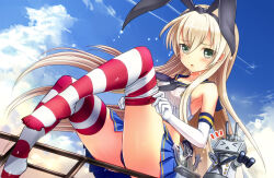 Rule 34 | 1girl, adjusting clothes, adjusting legwear, black panties, blonde hair, cloud, commentary request, contrail, day, elbow gloves, gloves, hair ornament, has bad revision, kantai collection, long hair, md5 mismatch, outdoors, panties, photoshop (medium), pleated skirt, rensouhou-chan, resolution mismatch, shimakaze (kancolle), skirt, source smaller, striped clothes, striped thighhighs, thighhighs, thighhighs pull, underwear, white gloves, yukiko013