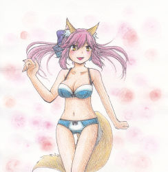 Rule 34 | 10s, 1girl, animal ears, blush, bra, breasts, cleavage, collarbone, colored pencil (medium), fate/extra, fate (series), fox ears, fox tail, hair ribbon, highres, looking away, navel, open mouth, panties, pink hair, ribbon, simple background, solo, tail, tamamo no mae (fate/extra), traditional media, twintails, underwear, underwear only, white background, yamazaki makoto na, yellow eyes