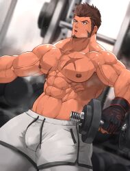Rule 34 | 1boy, abs, bara, beard, bellsaltr, biceps, blue eyes, blurry, blurry background, brown hair, bulge, dumbbell, exercising, facial hair, fate/grand order, fate (series), fingerless gloves, gloves, gym, gym shorts, highres, large pectorals, looking to the side, male focus, manly, mature male, muscular, muscular male, napoleon bonaparte (fate), nipples, open mouth, pectorals, puffy chest, scar, scar on chest, short hair, shorts, solo, spiked hair, steaming body, sweat, sweatdrop, thick arms, thick eyebrows, topless male, veins