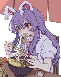 Rule 34 | 1girl, absurdres, animal ears, blush, chopsticks, collared shirt, eating, food, hair between eyes, highres, holding, holding chopsticks, kame (kamepan44231), long hair, noodles, puffy short sleeves, puffy sleeves, purple hair, rabbit ears, red eyes, reisen udongein inaba, shirt, short sleeves, simple background, sitting, solo, tempura, touhou, udon, upper body, white background, white shirt
