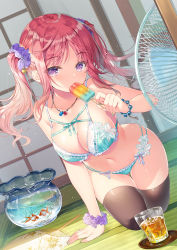 Rule 34 | 1girl, all fours, aqua bra, aqua panties, bare arms, bare shoulders, bead bracelet, beads, black thighhighs, bra, bracelet, breasts, cleavage, collarbone, cup, drinking glass, eating, electric fan, fish, fishbowl, food, gluteal fold, hair ornament, hair scrunchie, highres, hot, jewelry, lace, lace-trimmed bra, lace trim, large breasts, lingerie, long hair, looking at viewer, miwabe sakura, multi-strapped bra, multi-strapped panties, nail polish, navel, necklace, original, panties, popsicle, purple eyes, red hair, scrunchie, sidelocks, skindentation, solo, stomach, string bra, string panties, summer, thigh gap, thighhighs, thighs, twintails, underwear, underwear only, wrist scrunchie