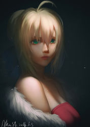 Rule 34 | 10s, 1girl, 2016, absurdres, ahoge, alternate costume, artist name, artoria pendragon (all), artoria pendragon (fate), baliu, black background, blonde hair, breasts, cleavage, closed mouth, collarbone, dated, dress, fate/stay night, fate (series), fur trim, green eyes, highres, lips, looking at viewer, nose, portrait, red dress, red lips, saber (fate), shawl, short hair, solo, strapless, strapless dress, upper body