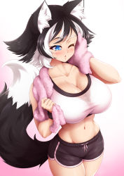 Rule 34 | 1girl, animal ear fluff, animal ears, black hair, black shorts, blush, breasts, cat ears, cat girl, cat tail, cleavage, collarbone, commentary, cowboy shot, dolphin shorts, gradient background, groin, highres, kat (mazume), large breasts, mazume, midriff, mismatched eyebrows, multicolored hair, one eye closed, original, parted lips, pink background, shorts, simple background, solo, streaked hair, symbol-only commentary, tail, towel, towel around neck, two-tone hair, white background, white hair