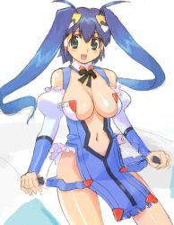 Rule 34 | 1girl, antenna hair, aoba anoa, black bow, black bowtie, blue hair, blush, bow, bowtie, breasts, center opening, cleavage, detached collar, detached sleeves, elbow gloves, gloves, green eyes, hirose (mokiki), large breasts, long hair, midriff, navel, open mouth, otomedius, pelvic curtain, revealing clothes, see-through, see-through skirt, skirt, solo, twintails, underboob