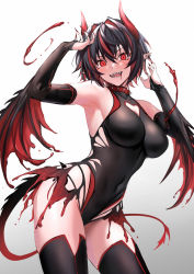 Rule 34 | 1girl, :d, armpits, arms up, bare shoulders, black hair, black leotard, black thighhighs, breasts, bridal gauntlets, cleavage, cleavage cutout, clothing cutout, collar, commentary request, contrapposto, covered navel, cowboy shot, demon girl, demon horns, demon tail, demon wings, ear piercing, fingernails, gradient background, heart cutout, hemokinesis, highres, horns, large breasts, leotard, long fingernails, looking at viewer, multicolored hair, nail polish, open mouth, original, piercing, pointy ears, red eyes, red hair, red nails, red wings, sharp fingernails, sharp teeth, short hair, smile, solo, spiked collar, spikes, streaked hair, tail, teeth, thighhighs, two-tone hair, ulrich (tagaragakuin), v-shaped eyebrows, white background, wings