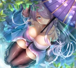 Rule 34 | 1girl, arm support, bare shoulders, between breasts, black gloves, blue eyes, blurry, blurry foreground, blush, braid, breasts, butterfly hair ornament, cleavage, closed mouth, draph, elbow gloves, gloves, granblue fantasy, hair ornament, hair over one eye, head tilt, horns, large breasts, light purple hair, long hair, looking at viewer, low tied hair, narmaya (granblue fantasy), narmaya (visions of butterflies) (granblue fantasy), plant, pointy ears, purple hair, ripples, seiza, shade, sidelocks, signature, sitting, skindentation, smile, solo, thighhighs, umbrella, wagasi (wagasi157), water