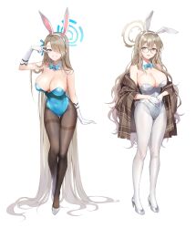 Rule 34 | 2girls, absurdly long hair, absurdres, akane (blue archive), akane (bunny) (blue archive), animal ears, aqua bow, aqua bowtie, aqua leotard, asuna (blue archive), asuna (bunny) (blue archive), asymmetrical bangs, black-framed eyewear, black pantyhose, blue archive, blush, bow, bowtie, breasts, cleavage, collarbone, detached collar, fake animal ears, fake tail, full body, glasses, gloves, groin, hair between eyes, hair over one eye, halo, hand on own hip, high heels, highres, large breasts, leotard, light brown hair, long bangs, long hair, looking at viewer, mole, mole on breast, multiple girls, one eye covered, pantyhose, playboy bunny, rabbit ears, rabbit tail, simple background, strapless, strapless leotard, tail, thighband pantyhose, timing (mpth8384), v, v over eye, very long hair, white background, white footwear, white gloves, white leotard, white pantyhose