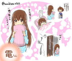Rule 34 | 10s, 1boy, 2girls, ?, admiral (kancolle), blush, brown eyes, brown hair, character name, crying, crying with eyes open, hair down, holding pillow, ikazuchi (kancolle), inazuma (kancolle), kantai collection, long hair, multiple girls, o o, pajamas, pillow, spoken question mark, suzuki toto, sweatdrop, tears, translation request, twitter username