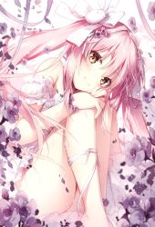 Rule 34 | 1girl, bare shoulders, barefoot, blush, bow, brown hair, closed mouth, commentary request, copyright request, detached sleeves, feet out of frame, flower, hair between eyes, hair bow, hair flower, hair ornament, knees up, long hair, mochizuki shiina, pink hair, puffy short sleeves, puffy sleeves, purple flower, rabbit hair ornament, short sleeves, sidelocks, sitting, smile, solo, twintails, very long hair, white bow, white sleeves