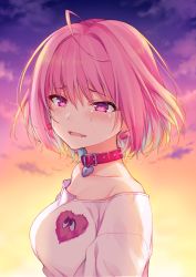 Rule 34 | 1girl, ahoge, backlighting, blouse, blue hair, blush, collar, collarbone, fang, from side, hair intakes, heart on chest, idolmaster, idolmaster cinderella girls, multicolored hair, nikyuppa, open mouth, pink eyes, pink hair, shirt, short hair, sky, solo, sunset, tears, two-tone hair, upper body, white shirt, yellow sky, yumemi riamu