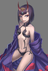 Rule 34 | 1girl, :d, breasts, cleavage, collarbone, eyeliner, fangs, fate/grand order, fate (series), grey background, groin, hair ornament, horns, makeup, navel, open mouth, purple eyes, purple hair, purutoppu (toranohige), revealing clothes, short hair, shuten douji (fate), sideboob, simple background, skin-covered horns, small breasts, smile, solo, straight hair
