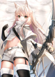 Rule 34 | 1girl, animal ear fluff, animal ears, arknights, black gloves, black thighhighs, bow (weapon), coat, cowboy shot, crop top, crop top overhang, elbow gloves, garter straps, gloves, groin, hand up, high collar, holding, holding bow (weapon), holding weapon, long hair, long sleeves, looking at viewer, midriff, navel, parted lips, platinum (arknights), rukinya (nyanko mogumogu), short shorts, shorts, solo, standing, stomach, strap, thighhighs, thighs, weapon, white coat, white hair, white shorts, wide sleeves, yellow eyes