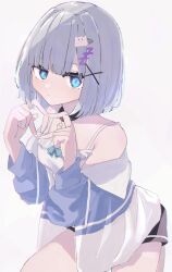 Rule 34 | 1girl, absurdres, black choker, black shorts, blue eyes, blush, camisole, choker, chromatic aberration, grey hair, hair intakes, hair ornament, heart, heart hands, highres, kaga sumire, long sleeves, looking at viewer, off shoulder, short hair, shorts, simple background, solo, stoppettanhate, virtual youtuber, vspo!, white background, white camisole, x hair ornament