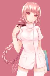 Rule 34 | 10s, 1girl, bad id, bad pixiv id, braid, breasts, bugbook, clipboard, fate/extra, fate/grand order, fate (series), florence nightingale (fate), gloves, long hair, looking at viewer, medium breasts, nurse, pink hair, red eyes, solo, standing, thighhighs, uniform, very long hair, white thighhighs