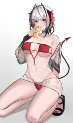 Rule 34 | + +, 1girl, :q, absurdres, ahoge, antennae, arknights, bikini, black choker, black footwear, blush, breasts, can, choker, cleavage, demon girl, demon horns, demon tail, grey hair, grey jacket, hand up, highres, holding, holding can, horns, jacket, kneeling, large breasts, licking lips, looking at viewer, myb52, nail polish, off shoulder, red bikini, red eyes, red nails, sandals, see-through, see-through jacket, short hair, simple background, solo, swimsuit, tail, toenail polish, toenails, tongue, tongue out, w (arknights), white background