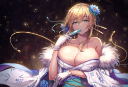 Rule 34 | 1girl, artoria pendragon (fate), artoria pendragon (lancer) (fate), bare shoulders, black background, blonde hair, blue eyes, blue flower, blue ribbon, braid, breast hold, breasts, cenangam, cleavage, collarbone, commentary request, fate/grand order, fate (series), floral print, flower, folding fan, french braid, fur trim, gloves, hair between eyes, hair flower, hair ornament, hair ribbon, hair stick, hand fan, hand up, holding, holding fan, huge breasts, japanese clothes, kimono, looking at viewer, parted lips, ribbon, signature, solo, white gloves, white kimono, wide sleeves, yukata