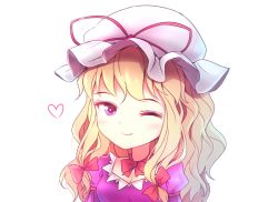 Rule 34 | 1girl, ;), bow, bowtie, breasts, cleavage, dress, hair bow, hat, hat ribbon, heart, long hair, minust, mob cap, one eye closed, pink dress, pink eyes, red bow, red bowtie, red ribbon, ribbon, simple background, smile, solo, touhou, upper body, white background, white hat, yakumo yukari