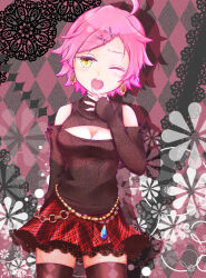 Rule 34 | 1girl, alternate costume, blush, earrings, flower earrings, highres, jewelry, kumatora, looking at viewer, meme attire, mother (game), mother 3, nintendo, one eye closed, open-chest sweater, open mouth, pink eyebrows, pink hair, red skirt, short hair, skirt, solo, sunflower earring, sweater, yamamori uniko, yellow eyes