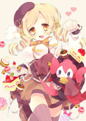 Rule 34 | 10s, 1girl, beret, blonde hair, breasts, cake, candy, charlotte (madoka magica), cheese, cookie, corset, cup, detached sleeves, drill hair, fingerless gloves, food, fruit, gloves, hair ornament, hat, heart, highres, large breasts, lollipop, magical girl, mahou shoujo madoka magica, mahou shoujo madoka magica (anime), moriyama shijimi, pleated skirt, ribbon, shirt, skirt, smile, strawberry, striped clothes, striped thighhighs, swirl lollipop, taut clothes, taut shirt, teacup, thighhighs, tomoe mami, twin drills, twintails, vertical-striped clothes, vertical-striped thighhighs, yellow eyes, zettai ryouiki