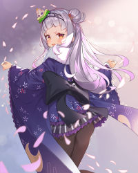 Rule 34 | 1girl, alternate costume, ass, black pantyhose, blunt bangs, blush, cherry blossoms, commentary, falling petals, fang, from behind, fur-trimmed kimono, fur trim, gradient hair, hair bun, hairband, highres, hololive, japanese clothes, kimono, long sleeves, looking at viewer, multicolored hair, murasaki shion, murasaki shion (new year), obi, ohihil, open mouth, pantyhose, petals, sash, short kimono, sidelocks, silver hair, single hair bun, single side bun, skin fang, smile, smug, solo, v-shaped eyebrows, virtual youtuber, wide sleeves