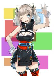 Rule 34 | 1girl, ;d, arm up, bare shoulders, black dress, blue eyes, breasts, cleavage, cleavage cutout, clothing cutout, cowboy shot, dress, fang, hand on own hip, highres, kaguya luna, kameno sachi, large breasts, legs apart, medium hair, obi, one eye closed, open mouth, red thighhighs, ribbon, sash, silver hair, skindentation, sleeveless, sleeveless dress, smile, solo, teeth, the moon studio, thighhighs, twintails, virtual youtuber, white ribbon, wrist ribbon, wristband