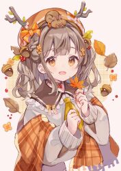 Rule 34 | 1girl, :d, acorn, animal, animal on head, autumn leaves, beret, blush, braid, branch, brown choker, brown hair, choker, commentary request, cropped torso, grey background, grey shirt, hands up, hat, holding, holding leaf, leaf, long hair, long sleeves, looking at viewer, maple leaf, on head, open mouth, orange eyes, orange hat, original, plaid, puffy cheeks, puffy long sleeves, puffy sleeves, sencha (senta 10), shawl, shirt, sleeves past wrists, smile, solo, squirrel, upper body