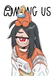 Rule 34 | 1girl, ahoge, among us, black hair, closed mouth, copyright name, creature on head, crewmate (among us), cyclops, highres, long hair, looking at viewer, muku-chan (muroku), muroku (aimichiyo0526), one-eyed, orange (among us), original, red eyes, simple background, solo, spacesuit, tears, twitter username, upper body, wet floor sign, white background, x x