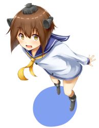 Rule 34 | 10s, 1girl, black footwear, black socks, blush, brown hair, buttons, cassandra (seishun katsu sando), collarbone, dress, eyebrows, from above, full body, hair between eyes, kantai collection, leaning forward, long sleeves, looking at viewer, neckerchief, open mouth, outstretched hand, sailor dress, shoes, short hair, smile, socks, solo, standing, transparent background, yellow eyes, yukikaze (kancolle)