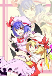 Rule 34 | 2girls, absurdres, ascot, bat wings, blonde hair, blue hair, border, breasts, caibao return, cup, fang, flandre scarlet, hat, hat ribbon, highres, lifting person, looking at viewer, midriff, mob cap, multiple girls, open mouth, red eyes, remilia scarlet, ribbon, short hair, siblings, side ponytail, sisters, skirt, skirt set, small breasts, spilling, spoon, sugar cube, teacup, touhou, wings, zoom layer