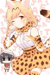 Rule 34 | 10s, 1boy, 1girl, alternate costume, animal ears, bad id, bad pixiv id, bare shoulders, black hair, blonde hair, blush, bow, bowtie, breasts, brown eyes, cat ears, cat tail, commentary request, cosplay, djeeta (granblue fantasy), elbow gloves, gloves, granblue fantasy, hat feather, kaban (cosplay), kaban (kemono friends), kaban (kemono friends) (cosplay), kemono friends, lancelot (granblue fantasy), looking at viewer, maaru (asato maaru), one eye closed, serval (kemono friends), serval (kemono friends) (cosplay), serval print, serval tail, shaded face, short hair, sleeveless, smile, tail