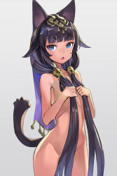 Rule 34 | &gt;:o, 1girl, :o, animal ears, black hair, blue eyes, blunt bangs, cat ears, cat tail, chestnut mouth, convenient censoring, cowboy shot, dark-skinned female, dark skin, eyelashes, gradient background, grey background, hair flaps, hair ornament, hair over shoulder, hair tubes, holding, holding hair, long hair, looking at viewer, low twintails, nude, open mouth, original, simple background, solo, tail, thick eyebrows, thighhighs, twintails, v-shaped eyebrows, very long hair, yoshimo (yoshimo1516)
