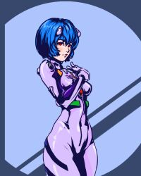 Rule 34 | 1girl, ayanami rei, blue hair, bodysuit, breasts, covered navel, curvy, hand on own chest, highres, lips, lupuwulf, medium breasts, neon genesis evangelion, red eyes, shiny clothes, short hair, simple background, standing, thighs, white bodysuit, wide hips