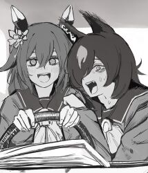Rule 34 | 2girls, @ @, animal ears, blush, chainsaw man, commentary request, ear ornament, greyscale, hair between eyes, hair over one eye, hands up, happy, horse ears, inaba (usanopo), leaning to the side, long bangs, long sleeves, looking at viewer, meme, monochrome, multicolored hair, multiple girls, nose blush, open mouth, parted bangs, power crashes kobeni&#039;s car (meme), sailor collar, sakura chiyono o (umamusume), scared, scene reference, shirt, side-by-side, sirius symboli (umamusume), sketch, slit pupils, smile, steering wheel, sweat, nervous sweating, umamusume